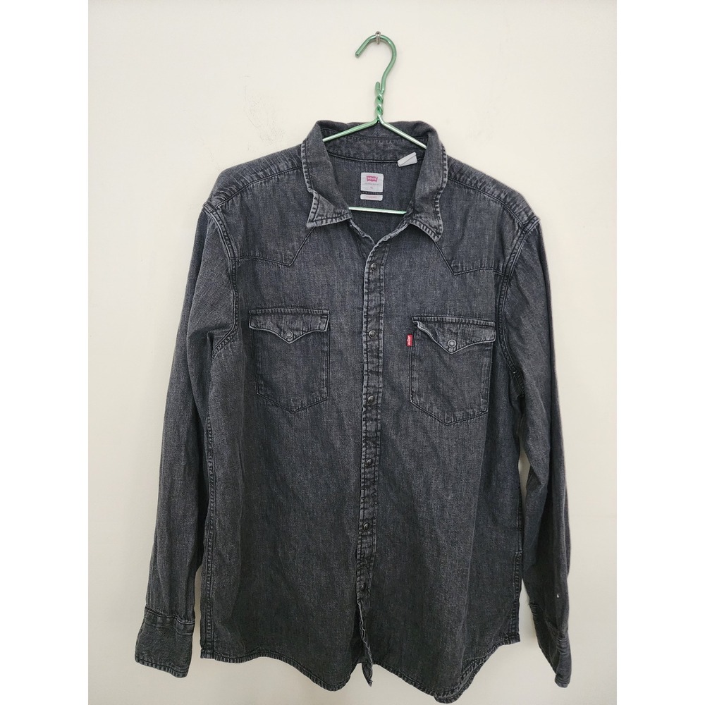 ☘️Levis Mens XL Barstow Western Denim Shirt Washed Black Snap Button Long Sleeve